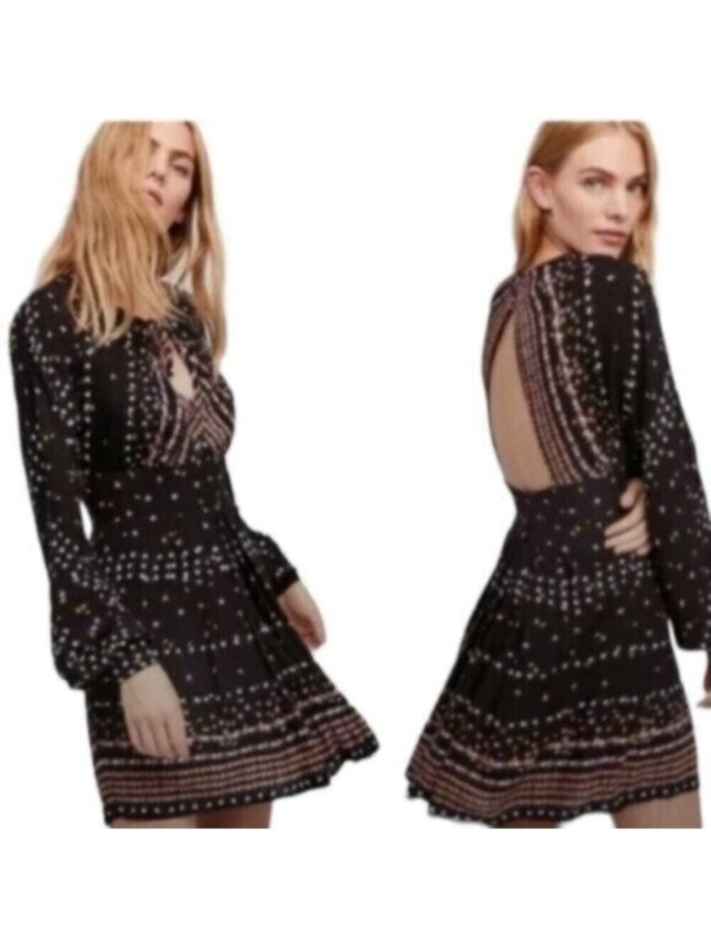 NWT Free People | Women's Black Coryn Printed Long Sleeves Mini Dress Size 8